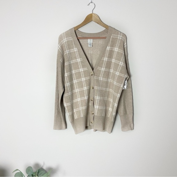 [Joie] Tan & White Windowpane Plaid Print Button Down Cardigan Sweater - Picture 1 of 8